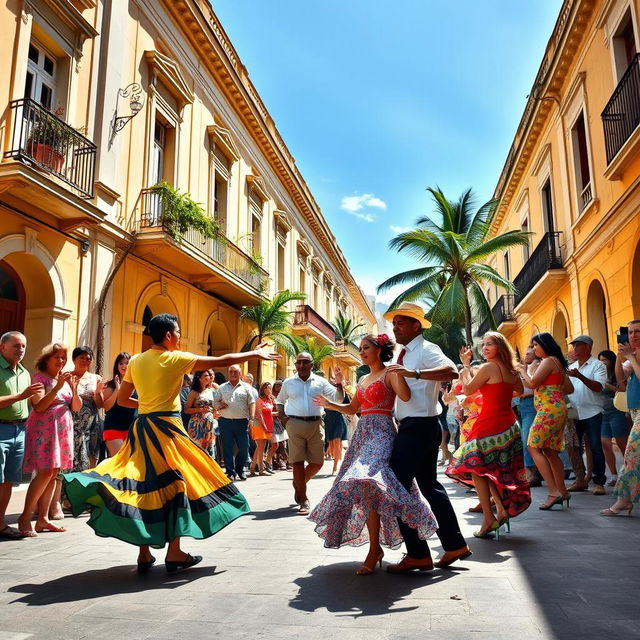 Vibrant street scene in Havana, Cuba, featuring energetic dancers performing traditional salsa and rumba, colorful clothing swirling as they move, with lively onlookers clapping and enjoying the atmosphere, colonial buildings in the background adorned with tropical plants, clear blue sky above, warm sunlight casting dynamic shadows, capturing the essence of Cuban culture and celebration