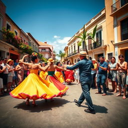 Vibrant street scene in Havana, Cuba, featuring energetic dancers performing traditional salsa and rumba, colorful clothing swirling as they move, with lively onlookers clapping and enjoying the atmosphere, colonial buildings in the background adorned with tropical plants, clear blue sky above, warm sunlight casting dynamic shadows, capturing the essence of Cuban culture and celebration