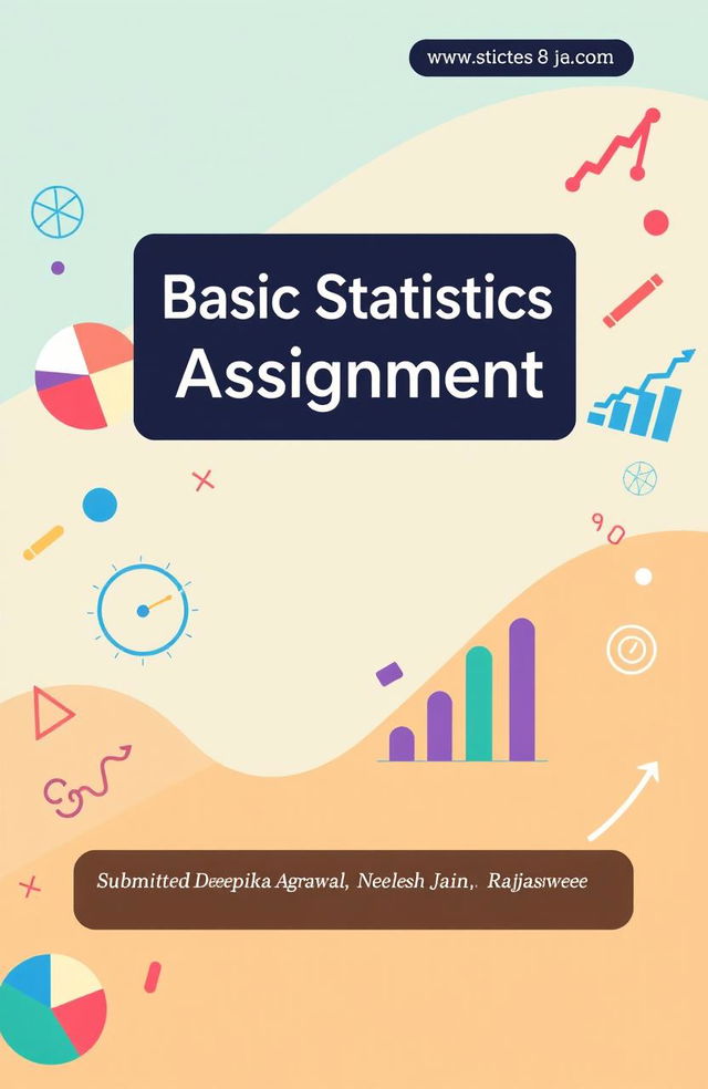 A visually appealing digital illustration representation of a basic statistics assignment cover page, featuring vibrant colors and creative designs