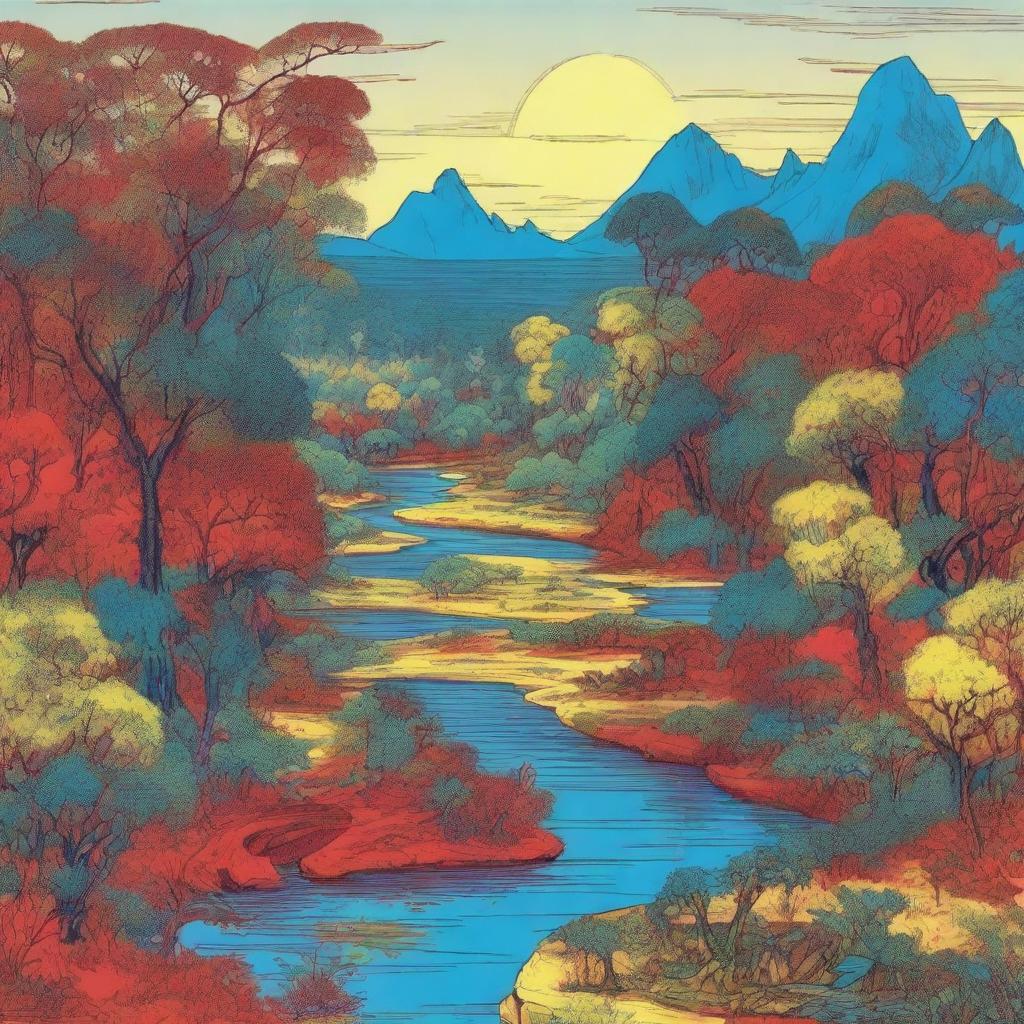 A crudely drawn landscape composed of yellow-toned jungles, bright blue meadows, contrasted by blood-red rivers