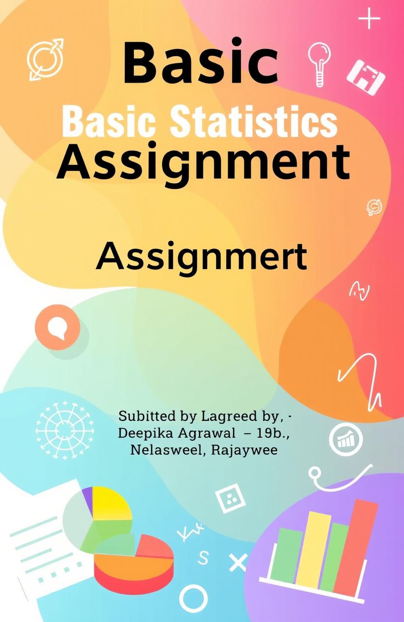 A visually appealing digital illustration representation of a basic statistics assignment cover page, featuring vibrant colors and creative designs