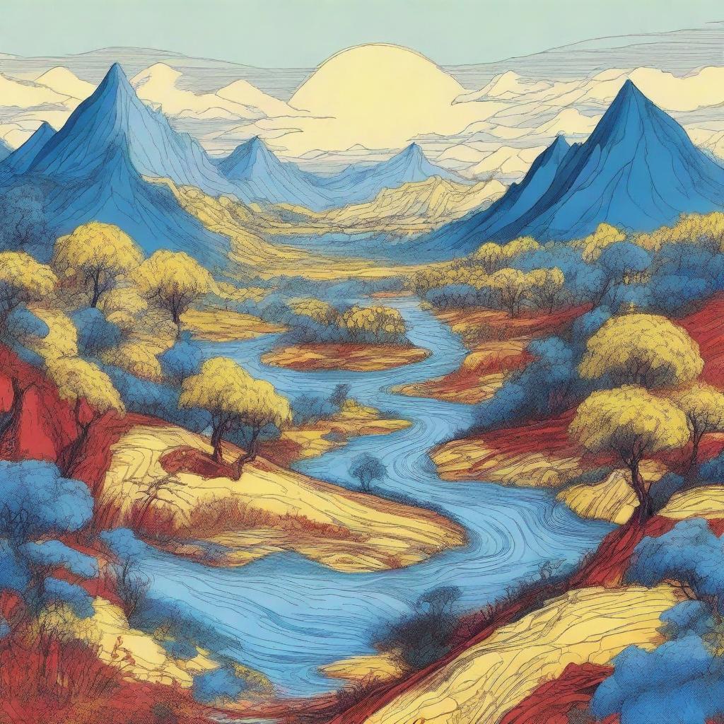Crudely drawn scene of a captivating landscape; yellow jungles, expansive blue meadows, and disturbing yet intriguing rivers gushing with blood