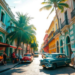 A vibrant street scene in Havana, Cuba, showcasing the colorful colonial architecture with bright pastel buildings, vintage American cars parked along the cobblestone streets, and locals enjoying their day