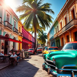 A vibrant street scene in Havana, Cuba, showcasing the colorful colonial architecture with bright pastel buildings, vintage American cars parked along the cobblestone streets, and locals enjoying their day