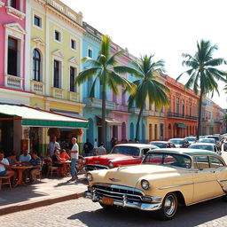 A vibrant street scene in Havana, Cuba, showcasing the colorful colonial architecture with bright pastel buildings, vintage American cars parked along the cobblestone streets, and locals enjoying their day