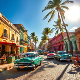 A vibrant street scene in Havana, Cuba, showcasing the colorful colonial architecture with bright pastel buildings, vintage American cars parked along the cobblestone streets, and locals enjoying their day