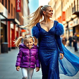 A beautiful woman walking down a vibrant city street with her blonde hair flowing behind her in a ponytail