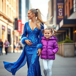 A beautiful woman walking down a vibrant city street with her blonde hair flowing behind her in a ponytail