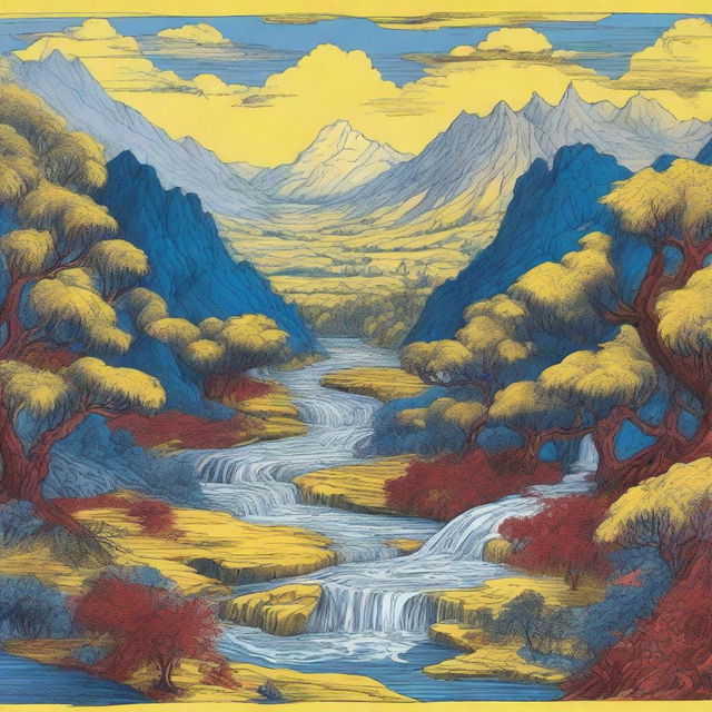 Crudely drawn scene of a captivating landscape; yellow jungles, expansive blue meadows, and disturbing yet intriguing rivers gushing with blood