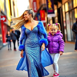 A beautiful woman walking down a vibrant city street with her blonde hair flowing behind her in a ponytail