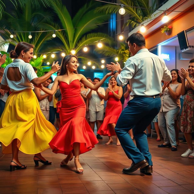 A lively dance floor scene in Havana, Cuba, showcasing a vibrant celebration with people dancing and enjoying the atmosphere