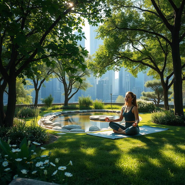 A serene scene depicting a peaceful sanctuary amidst a busy city landscape