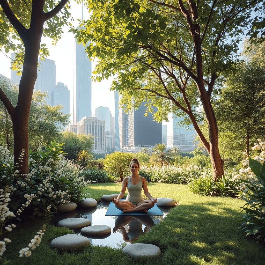 A serene scene depicting a peaceful sanctuary amidst a busy city landscape