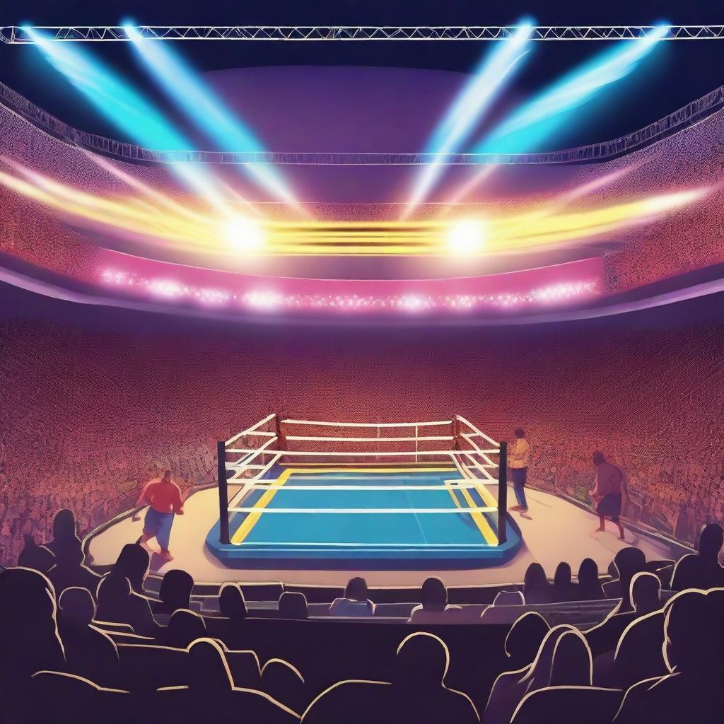 An electrifyingly vibrant wrestling arena, under a multitude of bright lights, with an emphasis on the wrestling ring in the center, surrounded by a buzz-filled audience