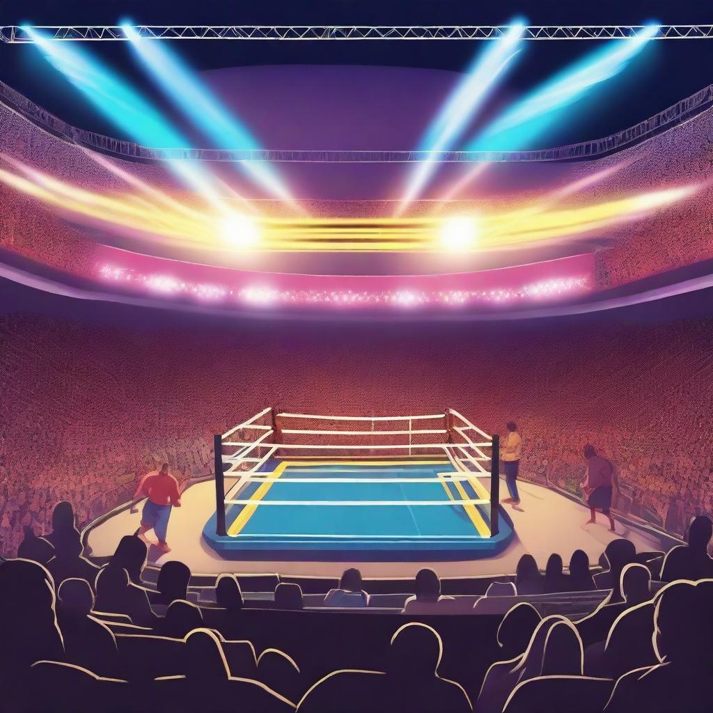 An electrifyingly vibrant wrestling arena, under a multitude of bright lights, with an emphasis on the wrestling ring in the center, surrounded by a buzz-filled audience