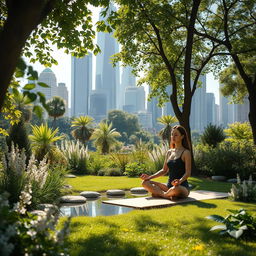 A serene scene depicting a peaceful sanctuary amidst a busy city landscape