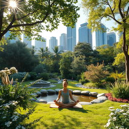 A serene scene depicting a peaceful sanctuary amidst a busy city landscape