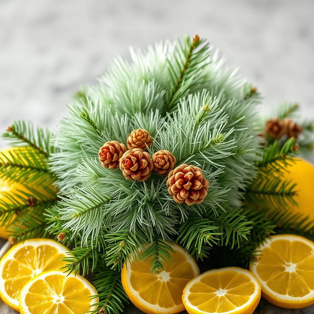 A beautifully arranged fluffy and voluminous spruce branch adorned with vibrant green needles and several pine cones nestled among them