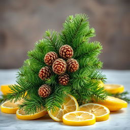 A beautifully arranged fluffy and voluminous spruce branch adorned with vibrant green needles and several pine cones nestled among them