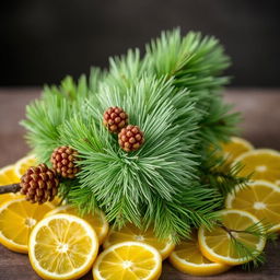 A beautifully arranged fluffy and voluminous spruce branch adorned with vibrant green needles and several pine cones nestled among them