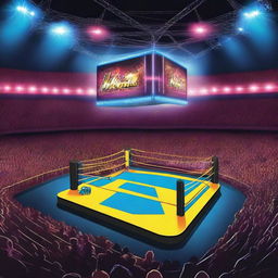 An electrifyingly vibrant wrestling arena, under a multitude of bright lights, with an emphasis on the wrestling ring in the center, surrounded by a buzz-filled audience