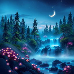 A captivating fantasy landscape at twilight, featuring an enchanted forest filled with towering, bioluminescent trees casting a soft glow