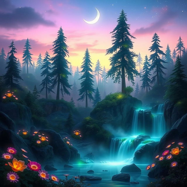 A captivating fantasy landscape at twilight, featuring an enchanted forest filled with towering, bioluminescent trees casting a soft glow