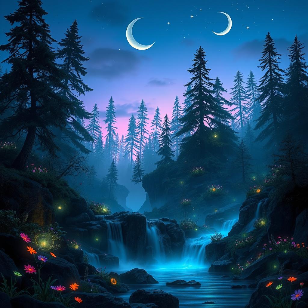 A captivating fantasy landscape at twilight, featuring an enchanted forest filled with towering, bioluminescent trees casting a soft glow