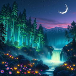 A captivating fantasy landscape at twilight, featuring an enchanted forest filled with towering, bioluminescent trees casting a soft glow