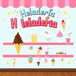 A vibrant pictogram designed for an ice cream shop menu board, featuring an assortment of colorful ice cream cones and cups