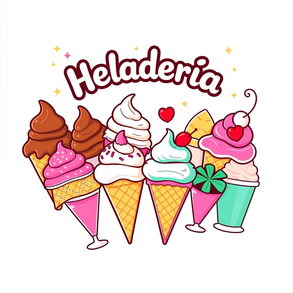 A vibrant pictogram designed for an ice cream shop menu board, featuring an assortment of colorful ice cream cones and cups