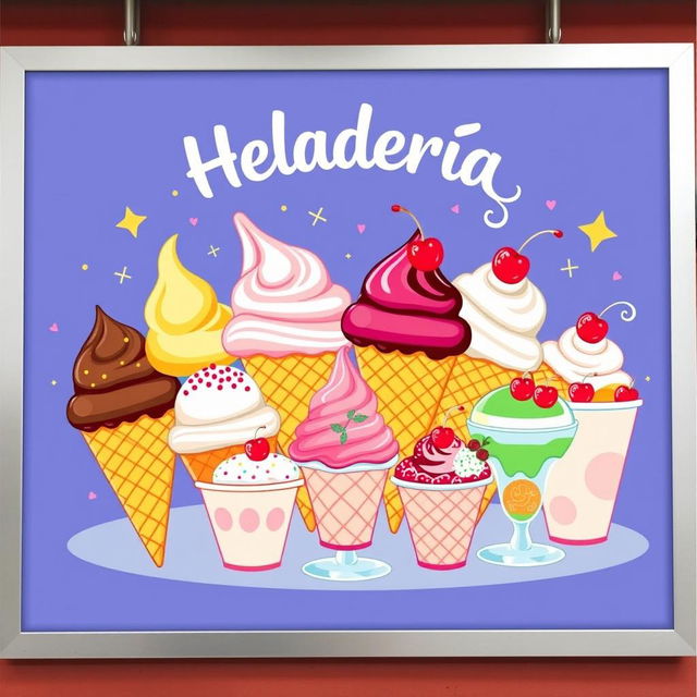 A vibrant pictogram designed for an ice cream shop menu board, featuring an assortment of colorful ice cream cones and cups