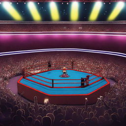 An electrifyingly vibrant wrestling arena, under a multitude of bright lights, with an emphasis on the wrestling ring in the center, surrounded by a buzz-filled audience