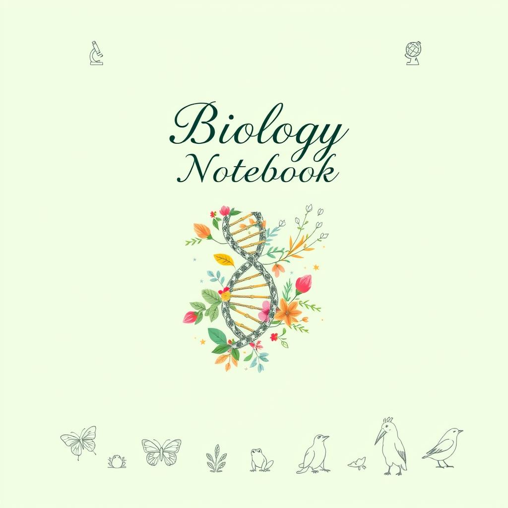 A beautifully designed front page for a biology notebook, featuring an intricate illustration of a DNA double helix intertwined with colorful plant leaves and flowers