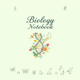 A beautifully designed front page for a biology notebook, featuring an intricate illustration of a DNA double helix intertwined with colorful plant leaves and flowers