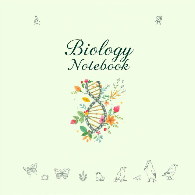 A beautifully designed front page for a biology notebook, featuring an intricate illustration of a DNA double helix intertwined with colorful plant leaves and flowers