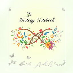 A beautifully designed front page for a biology notebook, featuring an intricate illustration of a DNA double helix intertwined with colorful plant leaves and flowers
