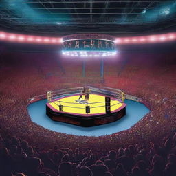 An electrifyingly vibrant wrestling arena, under a multitude of bright lights, with an emphasis on the wrestling ring in the center, surrounded by a buzz-filled audience