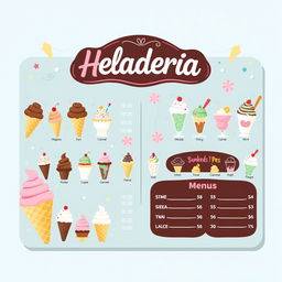 A charming and colorful ice cream shop menu board design, showcasing a variety of delicious ice cream options