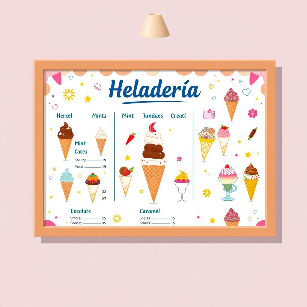 A charming and colorful ice cream shop menu board design, showcasing a variety of delicious ice cream options