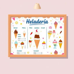 A charming and colorful ice cream shop menu board design, showcasing a variety of delicious ice cream options