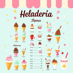 A charming and colorful ice cream shop menu board design, showcasing a variety of delicious ice cream options