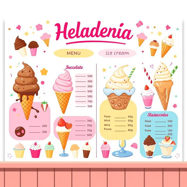 A charming and colorful ice cream shop menu board design, showcasing a variety of delicious ice cream options