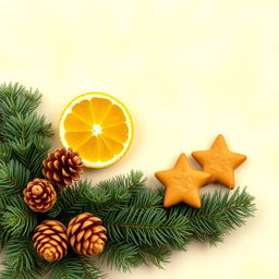 A voluminous, fluffy spruce branch adorned with cones along the edge of a beautifully designed wallpaper