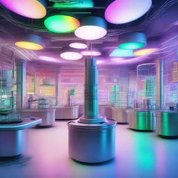 A futuristic laboratory, radiant with multicolored lights from various scientific equipment, filled with complex machinery and technology