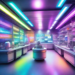 A futuristic laboratory, radiant with multicolored lights from various scientific equipment, filled with complex machinery and technology