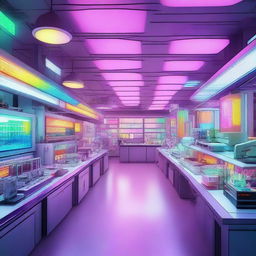 A futuristic laboratory, radiant with multicolored lights from various scientific equipment, filled with complex machinery and technology