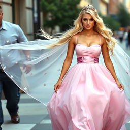 A pretty woman walking down a city street, her long blond hair flowing behind her