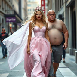 A pretty woman walking down a city street, her long blond hair flowing behind her