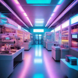 A futuristic laboratory, radiant with multicolored lights from various scientific equipment, filled with complex machinery and technology